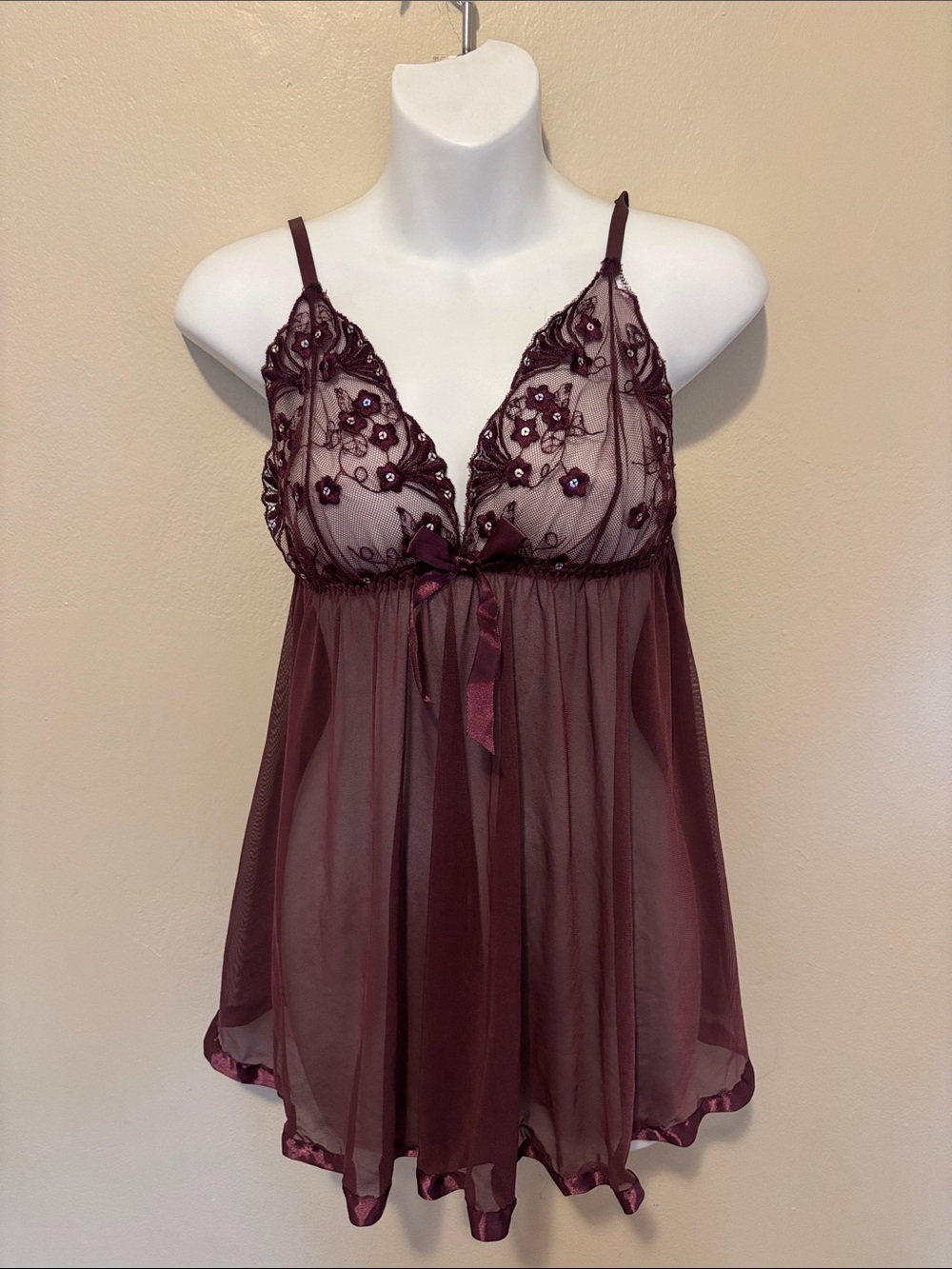 Sheer Embroidered Wine Mesh Babydoll Chemise with Ribbon Accent